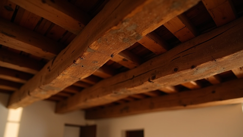Detalhe de vigas de madeira escura em teto alentejano, textura e padrão tradicional