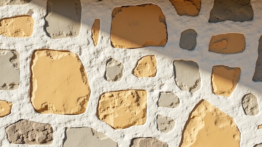 Parede de pedra irregular em tons ocre e cinzento, acabamento rústico tradicional