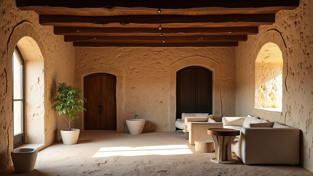Interior com vigas de madeira expostas e parede de pedra, estilo monte alentejano autêntico