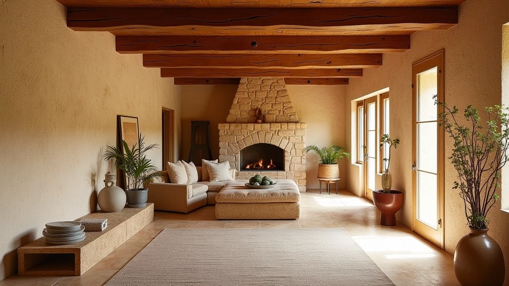 Interior rústico português com vigas de madeira expostas e parede de pedra, luz natural quente